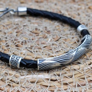 Mens Bracelet, Leather-Silver Mens Bracelet, Silver Mens Bracelet, Mens Gifts, Vintage Leather Bracelet, Gift for Him, 925k Sterling Silver