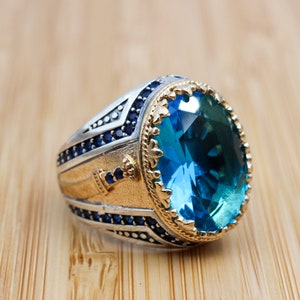 Handmade Aquamarine Sterling Silver Men&#39;s Ring: Ottoman Yemeni Design