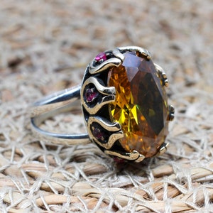 Citrine Ladies Ring, Turkish Handmade Ring, Silver Ladies Ring, Handmade Women Ring, Ottoman Women&#39;s Ring, Ladies Ring, 925 Sterling Silver