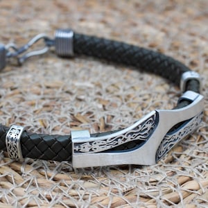 Mens Bracelet, Leather-Silver Mens Bracelet, Silver Mens Bracelet, Mens Gifts, Vintage Leather Bracelet, Gift for Him, 925k Sterling Silver