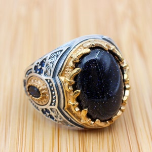 Men's Handmade Ring, Handmade Silver Mens Ring, Ottoman Mens Ring, Blue Goldstone Ring, Men's Jewelry, Gift for Him, 925k Sterling Silver