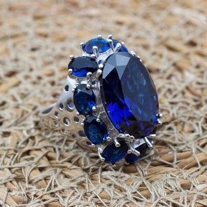 Sapphire Ring, Handmade Women&#39;s Ring, Turkish Handmade Ring, Authentic Ring, Ottoman Ring, Ladies Ring, 925k Sterling Silver, Gift For Her,