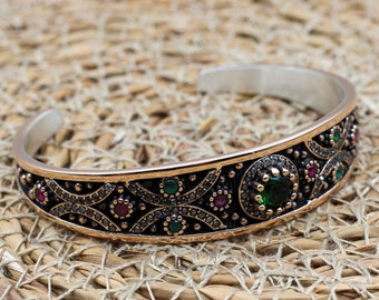 Emerald Sterling Silver Ottoman Bracelet - Handmade Turkish Bangle Cuff