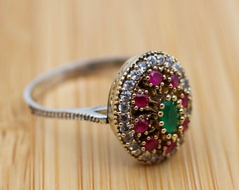 Emerald Ring, Handmade Women's Ring, Turkish Handmade Ring, Authentic Ring, Ottoman Ring, Ladies Ring, 925k Sterling Silver, Cubic Zircon