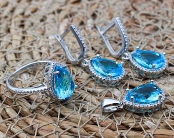 Aquamarine Set, Authentic Set, Handmade Women Set, Turkish Handmade, Ladies Jewelry Set, Earring, Ladies Set, 925k Sterling Silver, Jewelry,