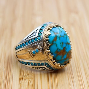 Men&#39;s Handmade Ring, Yemeni Ring, Turquoise Ring, Turkish Handmade Silver Men&#39;s Ring, Ottoman Men&#39;s Ring, Gift for Him, 925k Sterling Silver