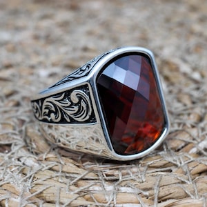 Mens Handmade Ring, Turkish Handmade Silver Men Ring, Ottoman Men Ring, Ruby Ring, Men's Jewelry, Gift for Him, 925k Sterling Silver Ring