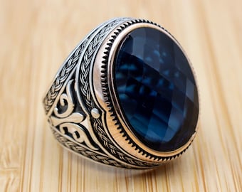 Handmade Ottoman Sapphire Ring, 925 Sterling Silver Men's Ring
