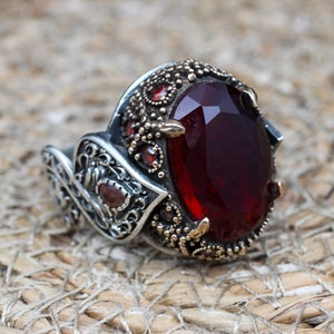 Ruby Men&#39;s Ring, Handmade Men&#39;s Ring, Turkish Handmade Silver Mens Ring, Ottoman Mens Ring, Mens Jewelry, Gift for Him, 925 Sterling Silver