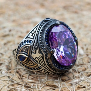 Men's Handmade Ring, Turkish Handmade Silver Men's Ring, Ottoman Ring, Amethyst Ring, Men's Jewelry, Amethyst, 925k Sterling Silver Ring