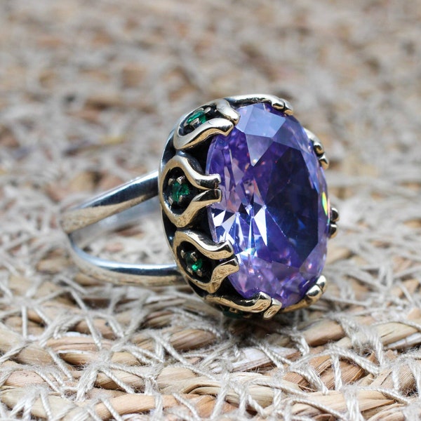 Amethyst Ring, Handmade Women's Ring, Turkish Handmade, Silver Ladies Ring, Ottoman Ring, Authentic, Oval Stone, 925k Sterling Silver Ring,