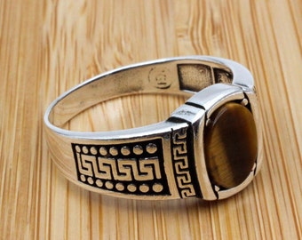 Handmade Tiger Eye 925k Sterling Silver Ring - Ottoman Turkish Men's Jewelry