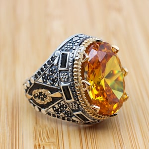 Men&#39;s Handmade Ring, Turkish Handmade, Citrine Ring, Ottoman Men&#39;s Ring, Topaz Ring, Men&#39;s Jewelry, Gift for Him, 925k Sterling Silver Ring