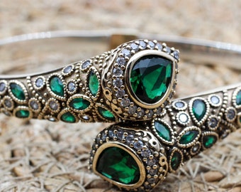 Emerald Bracelet, Ottoman Bracelet, Handmade Bracelet, Bangle Cuff, Turkish Handmade, Bangle Bracelet, Gift for Her, 925k Sterling Silver,
