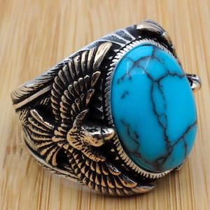 Turquoise Men's Ring, Eagle Ring, Handmade Ring, Turkish Handmade Ring, Ottoman Ring, Men's Jewelry, Gift for Him, 925k Sterling Silver Ring