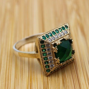 Emerald Ring, Handmade Women&#39;s Ring, Turkish Handmade Ring, Authentic Ring, Ottoman Ring, Ladies Ring, 925k Sterling Silver, Zircon Ring,