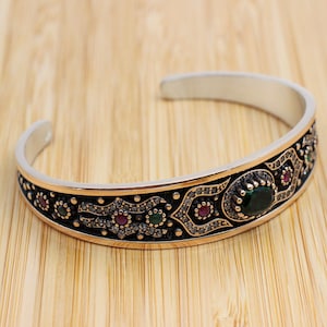 Handmade Emerald Ottoman Bracelet: 925k Sterling Silver Bangle Cuff