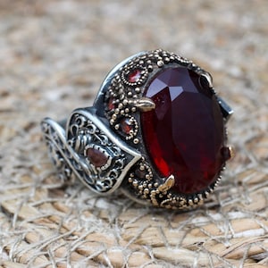 Anillo de plata de ley con rubí para hombre, hecho a mano: joyería turca otomana