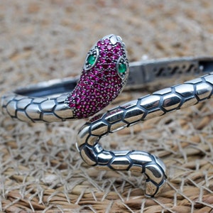 Ruby Snake Bracelet: Sterling Silver Bangle Cuff, Turkish Handmade