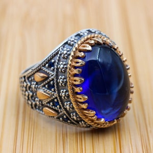 Turkish Handmade Silver Men Ring, Mens Handmade Ring, Ottoman Ring, Sapphire Ring, Men&#39;s Jewelry, Gift for Him, 925k Sterling Silver Ring
