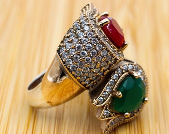 Handmade Emerald Sterling Silver Ring, Ottoman Design