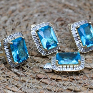Aquamarine Set, Authentic Set, Handmade Women Set, Turkish Handmade, Ladies Jewelry Set, Earring, Ladies Set, 925k Sterling Silver, Jewelry,