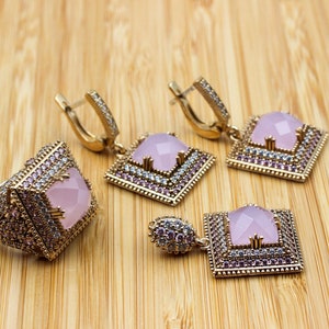 Quartz Set, Authentic Set, Handmade Set Women, Turkish Handmade, Ladies Jewelry Set, Earring, Pendant, Ladies Set, 925k Sterling Silver,