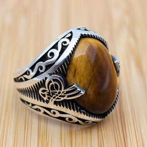 Men&#39;s Handmade Ring, Turkish Handmade Silver Men Ring, Ottoman Ring, Tiger Eye Ring, Men&#39;s Jewelry, Gift for Him, 925k Sterling Silver Ring
