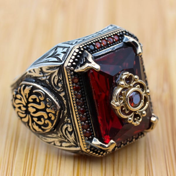 Mens Handmade Ring, Turkish Handmade Silver Men Ring, Ottoman Men Ring, Ruby Ring, Men's Jewelry, Gift for Him, 925k Sterling Silver Ring