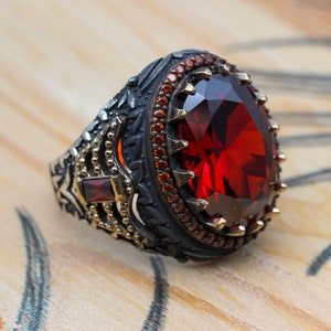 Ottoman Ruby Men's Ring: Handmade 925k Sterling Silver & Bronze