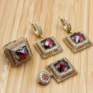 Ruby Set, Authentic Set, Handmade Set Women, Turkish Handmade, Ladies Jewelry Set, Earring, Pendant, Ladies Set, 925k Sterling Silver, Jewel