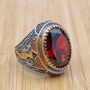 Mens Handmade Ring, Turkish Handmade Silver Men Ring, Ottoman Men Ring, Ruby Ring, Men's Jewelry, Gift for Him, 925k Sterling Silver Ring
