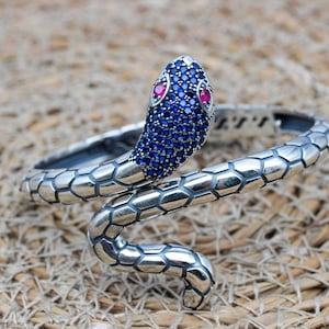 Sapphire Snake Bracelet: Handmade 925k Sterling Silver Bangle Cuff