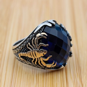 Mens Handmade Ring, Turkish Silver Men Ring, Animal Scorpion Ring, Men Ring, Sapphire Ring, Mens Jewelry, Gift for Him, 925k Sterling Silver