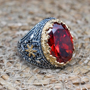 Ruby Men&#39;s Ring, Handmade Men&#39;s Ring, Turkish Handmade Silver Mens Ring, Ottoman Mens Ring, Mens Jewelry, Gift for Him, 925 Sterling Silver
