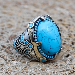 Turquoise Mens Ring, Men's Handmade Ring, Yemeni Ring, Turkish Ring, Oval Stone Ring, Ottoman Men's Ring, Gift for Him, 925k Sterling Silver