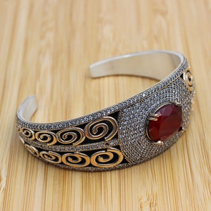Handmade Ruby Sterling Silver Bangle Cuff: Ottoman Style Bracelet