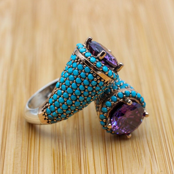 Amethyst Ring, Ladies Ring, Turquoise Ring, Handmade Women's Ring, Turkish Handmade, Authentic Ring, 925 Sterling Silver, Adjustable Ring,