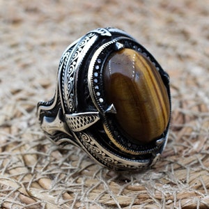 Men&#39;s Handmade Ring, Turkish Handmade Silver Men Ring, Ottoman Ring, Tiger Eye Ring, Men&#39;s Jewelry, Gift for Him, 925k Sterling Silver Ring