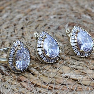 Zircon Ladies Set, Authentic Set, Handmade Women Set, Turkish Handmade Set, Ladies Jewelry Set, Ring, Earring, Pendant, 925k Sterling Silver