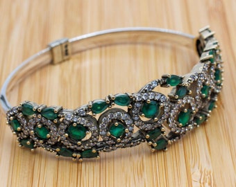 Handmade Emerald Ottoman Bracelet: 925k Sterling Silver Bangle Cuff