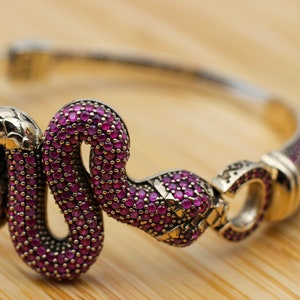 Ruby Snake Bracelet: Handmade 925k Sterling Silver Bangle Cuff
