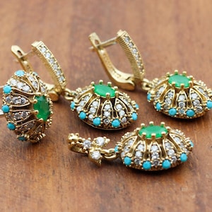 Emerald Set, Authentic Set, Handmade Set Women, Turkish Handmade, Ladies Jewelry Set, Earring, Pendant, Ladies Set, 925k Sterling Silver