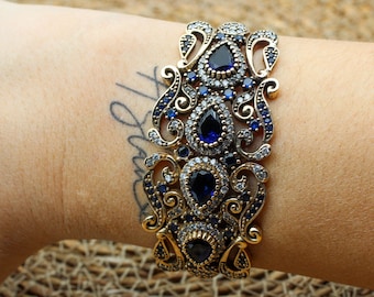 Sapphire Bracelet, Ottoman Bracelet, Handmade Bracelet, Bangle Cuff, Turkish Handmade, Bangle Bracelet, Gift For Her, 925k Sterling Silver,