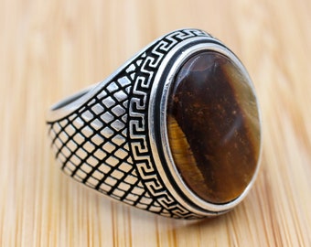 Men's Handmade Ring, Turkish Handmade Silver Men Ring, Ottoman Ring, Tiger Eye Ring, Men's Jewelry, Gift for Him, 925k Sterling Silver Ring