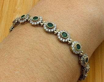 Bangle Bracelet Emerald Bracelet Gift for Him Handmade Bracelet 925k Sterling Silver, Turkish Handmade Bangle Cuff Ottoman Bracelet