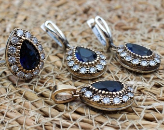 Sapphire Set, Authentic Set, Handmade Set Women, Turkish Handmade, Ladies Jewelry Set, Earring, Pendant, Ladies Set, 925k Sterling Silver