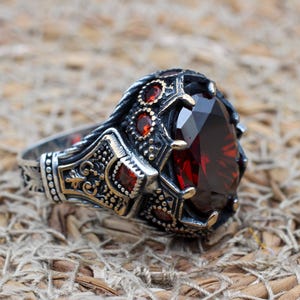 Handmade Ruby Sterling Silver Mens Ring: Ottoman Turkish Jewelry