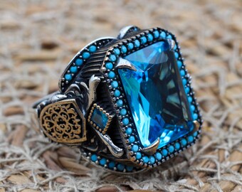 Handmade Aquamarine Sterling Silver Ring: Ottoman Mens Jewelry