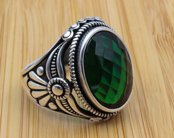 Sterling Silver 925 Emerald Mens Handmade Ring, Ottoman Style Ring ...